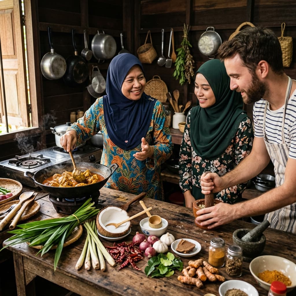 Malaysian host teaching traditional cooking