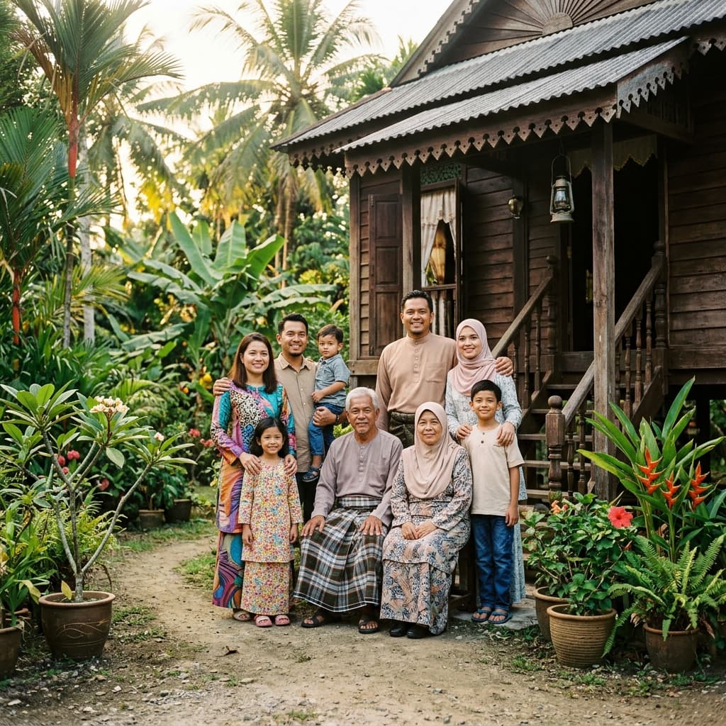A warm Malaysian host family in front of their traditional kampung home