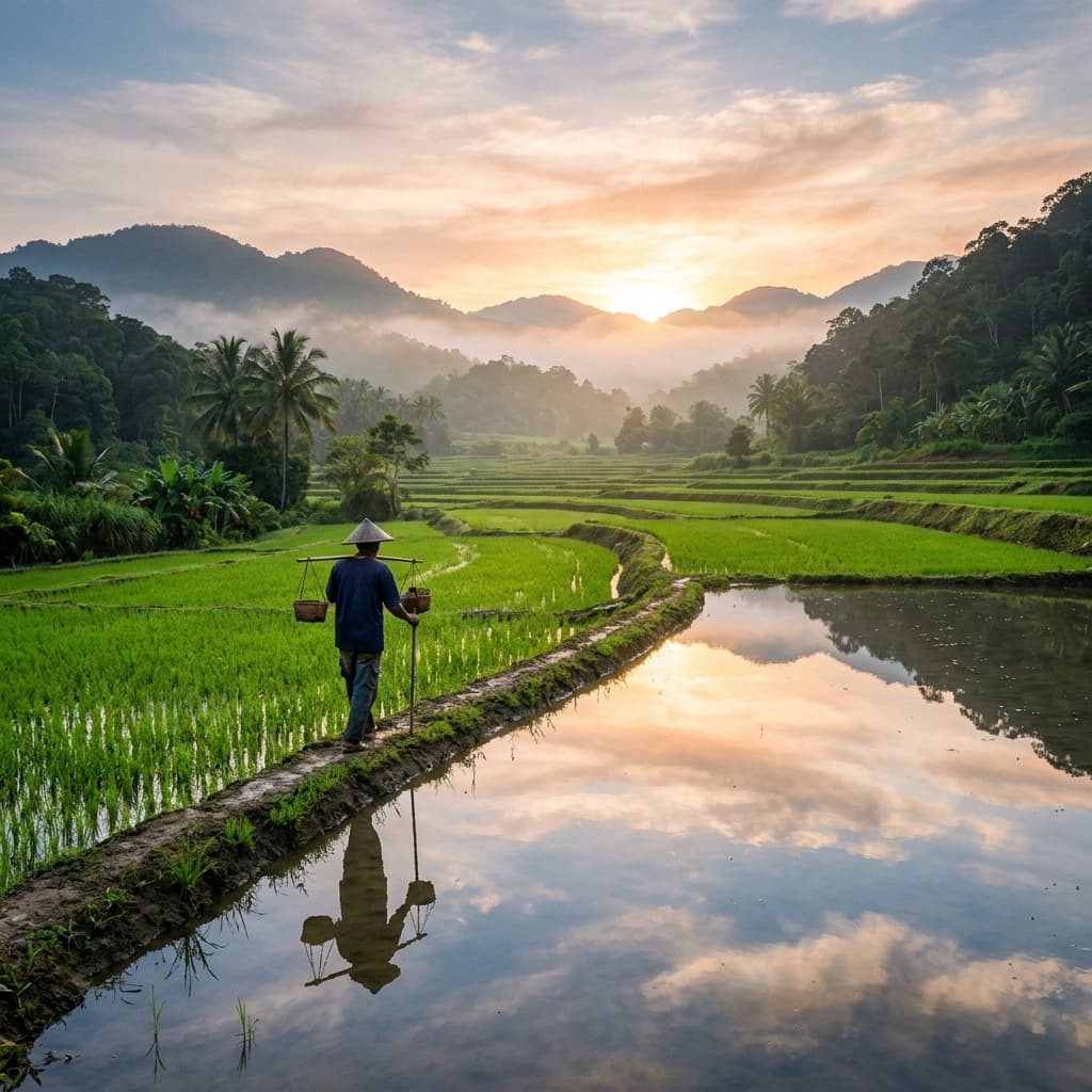Sunrise over Malaysian rice paddy fields