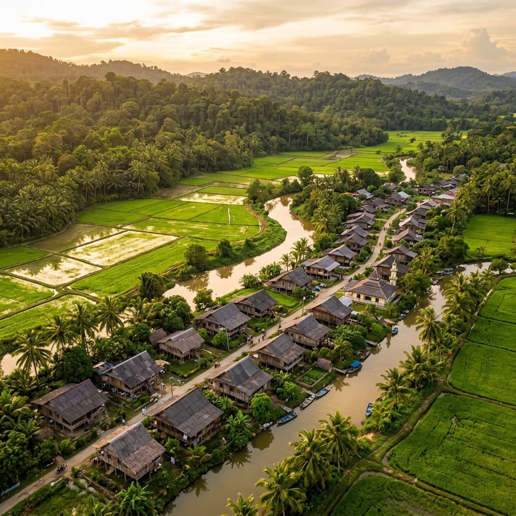 Aerial view of a traditional Malaysian kampung village